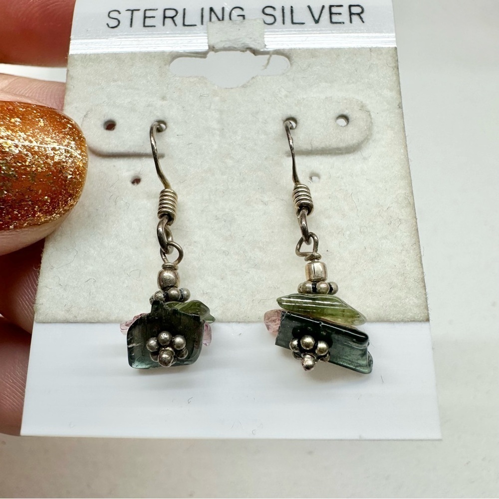 Sterling Silver Green Purple Dangle Earrings Natural Stones - Picture 8 of 10